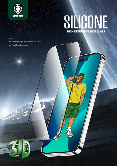 گلس شفاف فریم سیلیکونی iPhone 14 Plus مارک Green Lion مدل 3D Silicone HD Glass