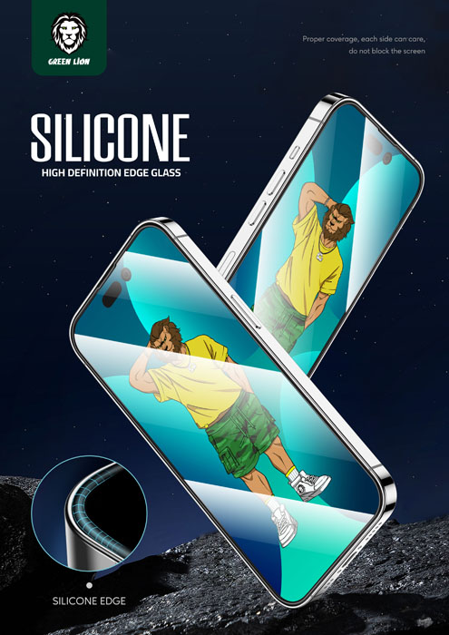 گلس شفاف فریم سیلیکونی iPhone 14 Plus مارک Green Lion مدل 3D Silicone HD Glass