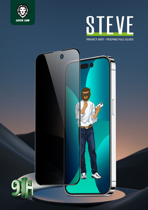 گلس تمام صفحه حریم شخصی iPhone 14 Pro Max مارک Green Lion مدل 9H Steve Privacy Full Glass گلس تمام صفحه حریم شخصی iPhone 14 Pro Max مارک Green Lion مدل 9H Steve Privacy Full Glass