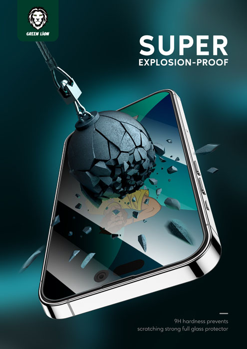 گلس حریم شخصی فریم سیلیکونی iPhone 14 Pro Max مارک Green Lion مدل 3D Silicone Privacy Glass