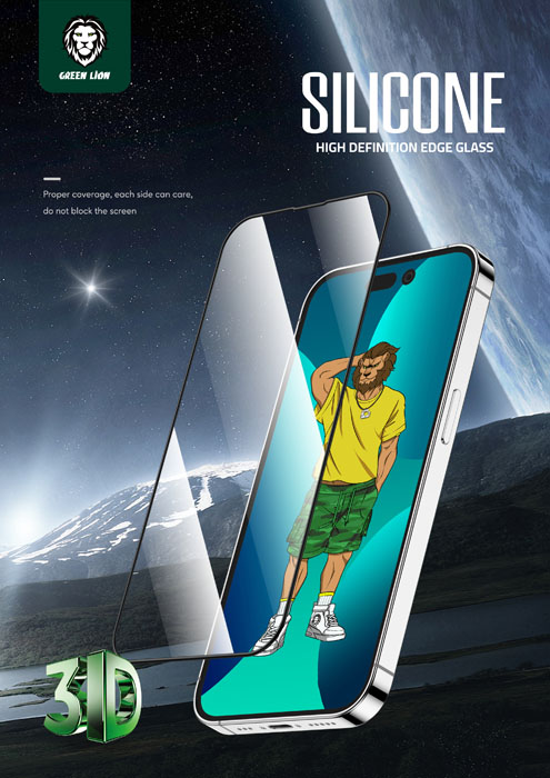 گلس شفاف فریم سیلیکونی iPhone 14 Pro مارک Green Lion مدل 3D Silicone HD Glass