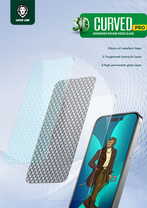 گلس شیشه ای iPhone 14 Pro Max مارک Green Lion مدل 3D Curved Tempered Glass