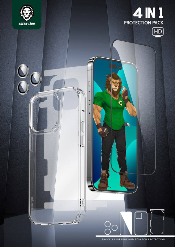 ببسته محافظتی کامل iPhone 14 Pro مدل Green Lion 4 in 1 360° HD Protection Pack