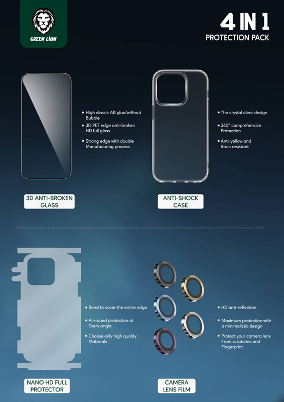 ببسته محافظتی کامل iPhone 14 Pro مدل Green Lion 4 in 1 360° HD Protection Pack