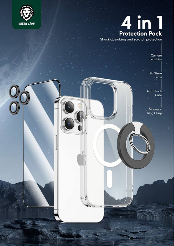 بسته محافظتی رینگی مگنتی کامل iPhone 14 Pro مدل Green Lion 4 in 1 360° 9H Protection Pack