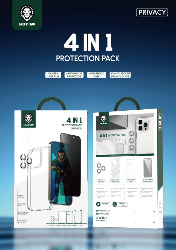 بسته محافظتی کامل iPhone 14 Pro مدل Green Lion 4 in 1 360° Privacy Protection Pack