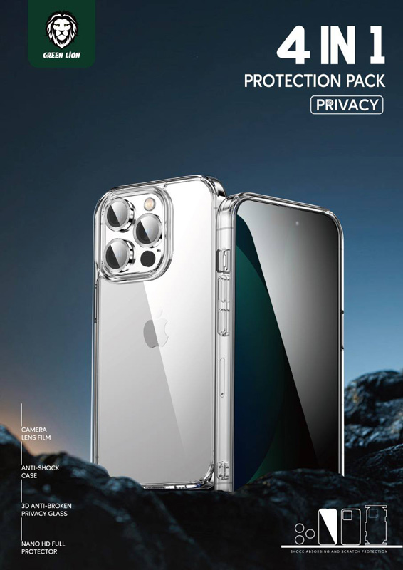 بسته محافظتی کامل iPhone 14 Pro مدل Green Lion 4 in 1 360° Privacy Protection Pack