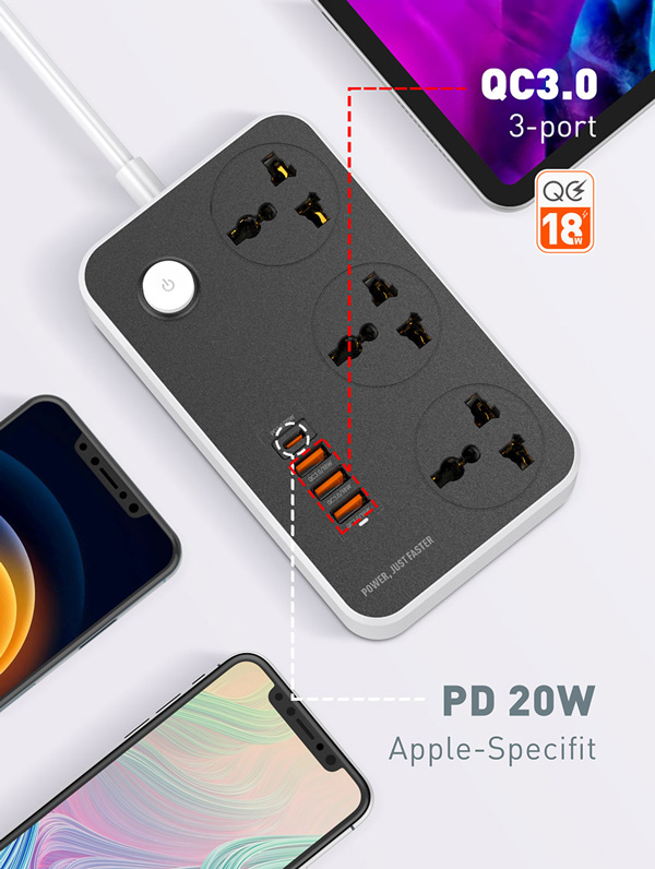 سه راهی برق LDNIO مدل SC3412 + خروجی USB-A و USB-C فست شارژ