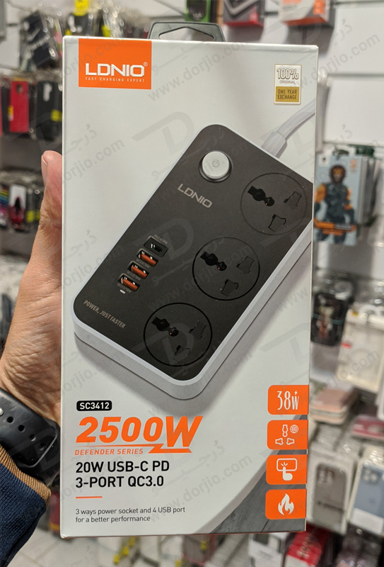 سه راهی برق LDNIO مدل SC3412 + خروجی USB-A و USB-C فست شارژ