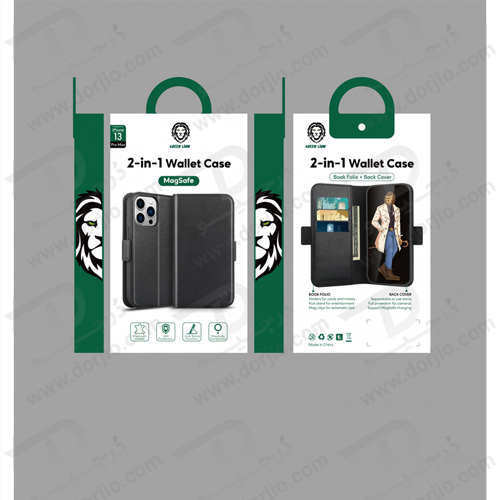 فلیپ کاور چرمی مگنتی iPhone 14 Pro مارک Green Lion مدل Two in One Magsafe Leather Wallet