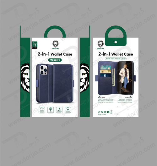 فلیپ کاور چرمی مگنتی iPhone 14 Plus مارک Green Lion مدل Two in One Magsafe Leather Wallet