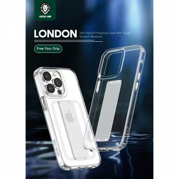 گارد هیبریدی شفاف بند دار iPhone 14 Pro مارک Green Lion مدل London Slim Hybrid Case with Elastic Grip Band