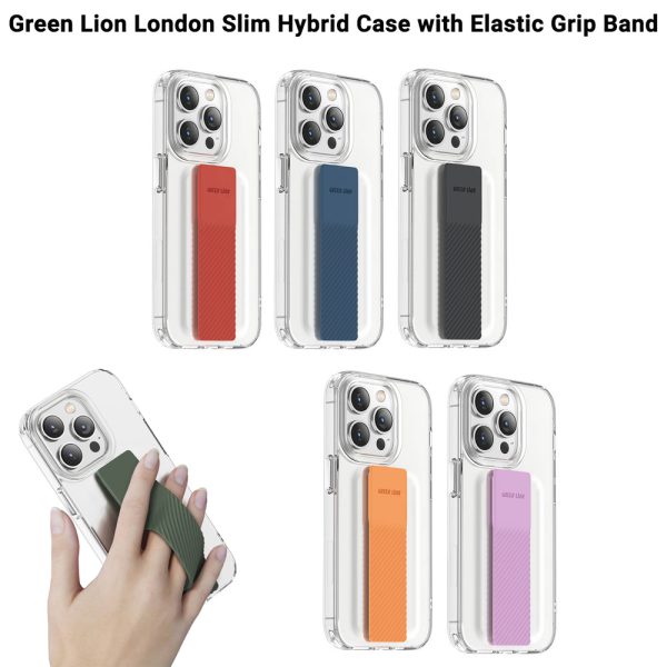 گارد هیبریدی شفاف بند دار iPhone 14 مارک Green Lion مدل London Slim Hybrid Case with Elastic Grip Band