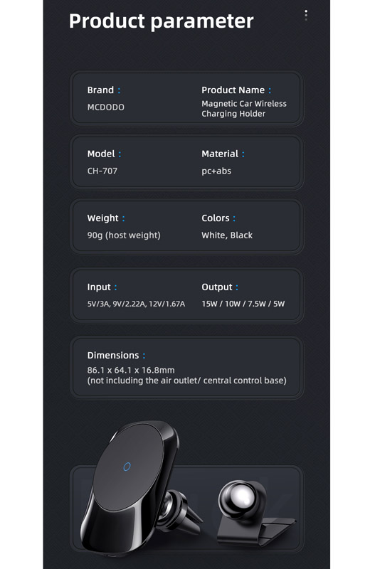 خرید هولدر و شارژر وایرلس مگنتی 15 وات ماشینی با کابل مک دودو - Mcdodo CH-7071