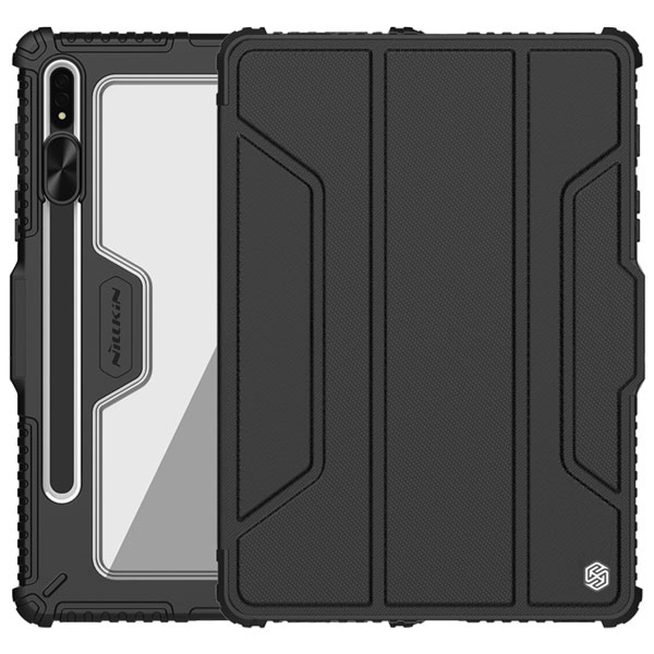 خرید فلیپ کاور چرمی پشت شفاف ایربگ دار Samsung Galaxy Tab S8 Plus مارک نیلکین مدل Bumper Pro