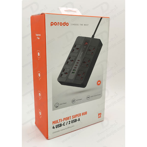 خرید 6 راهی برق + خروجی فست شارژ 36 وات USB-A و USB-C برند Porodo مدل PD-FWCH009-3M-BK