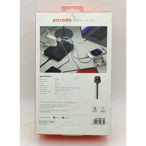 خرید 6 راهی برق + خروجی فست شارژ 36 وات USB-A و USB-C برند Porodo مدل PD-FWCH009-3M-BK
