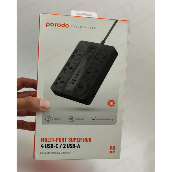خرید 6 راهی برق + خروجی فست شارژ 36 وات USB-A و USB-C برند Porodo مدل PD-FWCH009-3M-BK