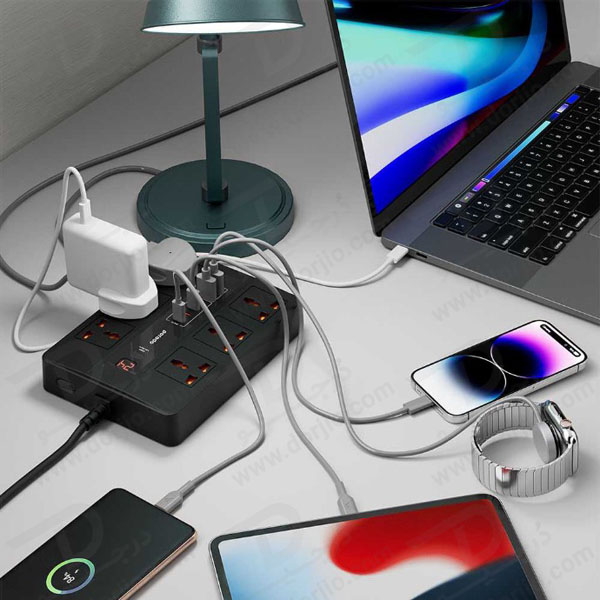 خرید 6 راهی برق + خروجی فست شارژ 36 وات USB-A و USB-C برند Porodo مدل PD-FWCH009-3M-BK