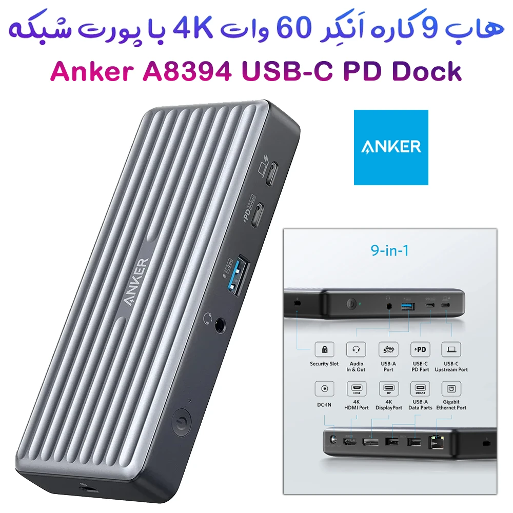 هاب 9 کاره 60 وات 4K مارک Anker مدل Anker A8394 PowerExpand 9-in-1