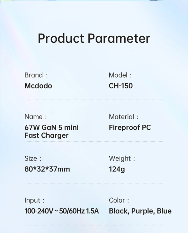 خرید شارژر سریع دیواری 67 وات مک دودو با سه پورت خروجی Mcdodo CH-150 Dichromatic GaN 5 Mini Fast Charger 67W