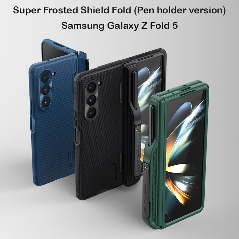218467قاب ضد ضربه پایه دار و اسلات قلم Samsung Galaxy Z Fold 5 برند نیلکین مدل Super Frosted Shield Fold ( Pen Holder Version )