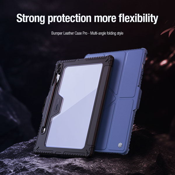 خرید فلیپ کاور چرمی پشت شفاف ایربگ دار استند تاشو چند زاویه Samsung Galaxy Tab S9 Plus مارک نیلکین مدل Bumper Pro