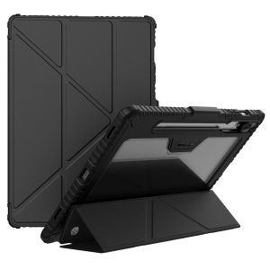خرید فلیپ کاور چرمی پشت شفاف ایربگ دار استند تاشو چند زاویه Samsung Galaxy Tab S9 Plus مارک نیلکین مدل Bumper Pro