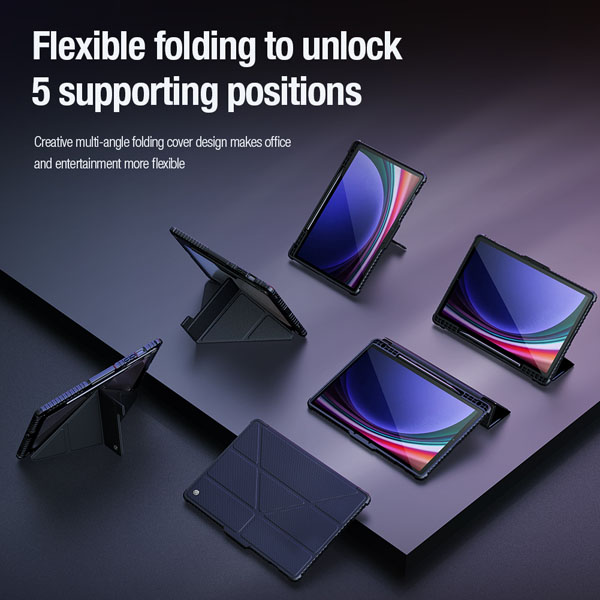 خرید فلیپ کاور چرمی پشت شفاف ایربگ دار استند تاشو چند زاویه Samsung Galaxy Tab S9 Plus مارک نیلکین مدل Bumper Pro