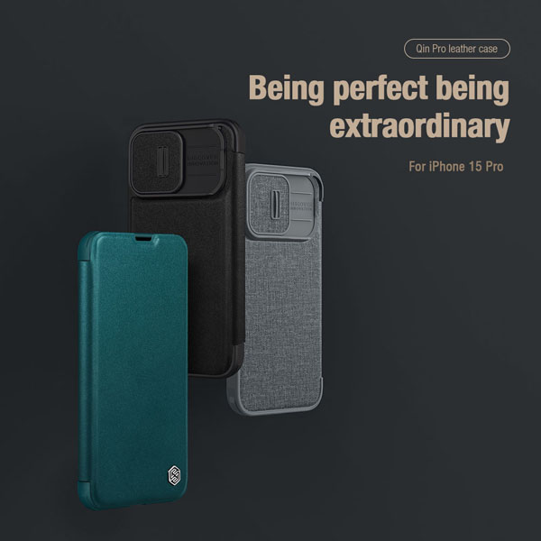 خرید کیف چرم و پارچه نیلکین iPhone 15 Pro مدل Qin Pro Plain Leather + Cloth Case