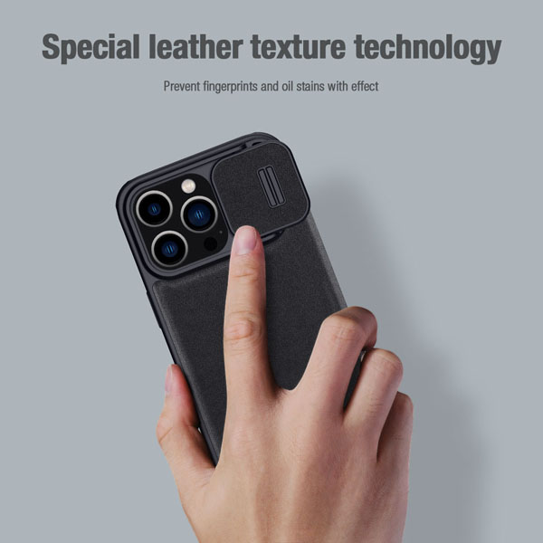 خرید کیف چرم و پارچه نیلکین iPhone 15 Pro مدل Qin Pro Plain Leather + Cloth Case