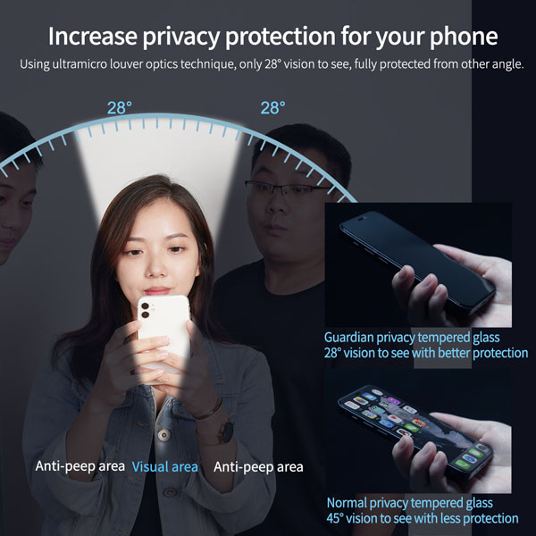 خرید گلس شیشه ای حریم شخصی با ابزار نصب iPhone 15 Pro نیلکین مدل Guardian Full Coverage Privacy