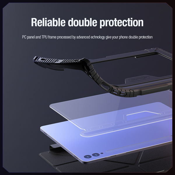 خرید فلیپ کاور چرمی پشت شفاف ایربگ دار استند تاشو چند زاویه Samsung Galaxy Tab S9 Plus مارک نیلکین مدل Bumper Pro
