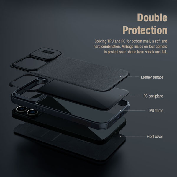 خرید کیف چرم و پارچه نیلکین iPhone 15 Pro Max مدل Qin Pro Plain Leather + Cloth Case