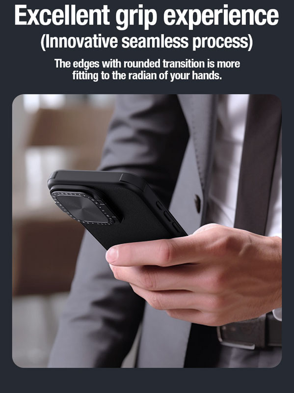 خرید گارد چرمی مگنتی کمرا استند نیلکین iPhone 15 Pro Max مدل CamShield Prop Leather Magnetic