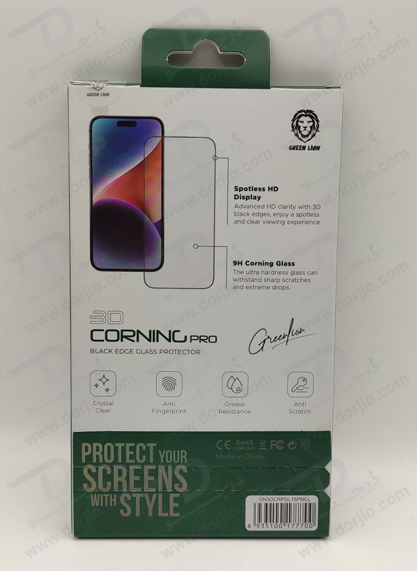 خرید گلس 3D شفاف iPhone 15 Plus برند Green Lion مدل Corning Pro
