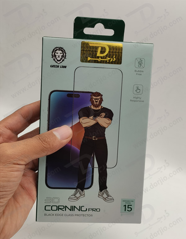 خرید گلس 3D شفاف iPhone 15 Plus برند Green Lion مدل Corning Pro
