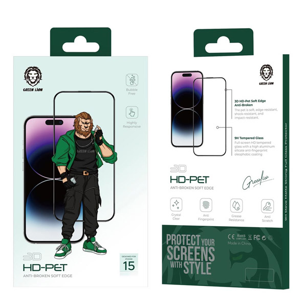 خرید گلس 3D شفاف شیشه ای iPhone 15 Plus برند Green Lion مدل HD PET