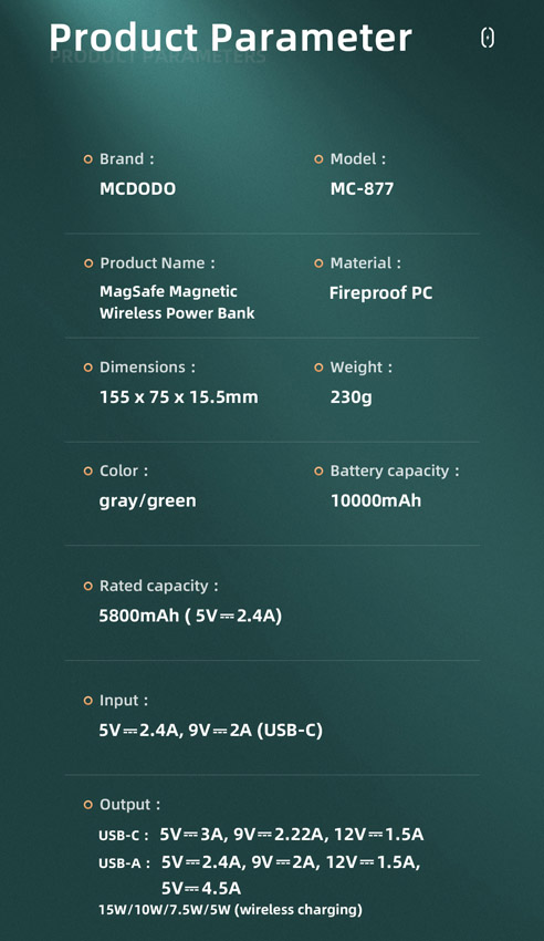 خرید پاور بانک 10 هزار وایرلس مگ سیف Mcdodo MC-877 پایه دار به همراه کابل شارژ