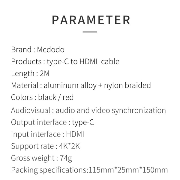 خرید کابل 2 متری 4K HDR تبدیل Type-C به HDMI مک دودو مدل Mcdodo CA-588