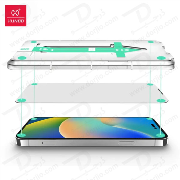 خرید گلس شیشه ای تمام شفاف iPhone 15 Pro Max با ابزار مخصوص نصب مارک XUNDD سری AXE