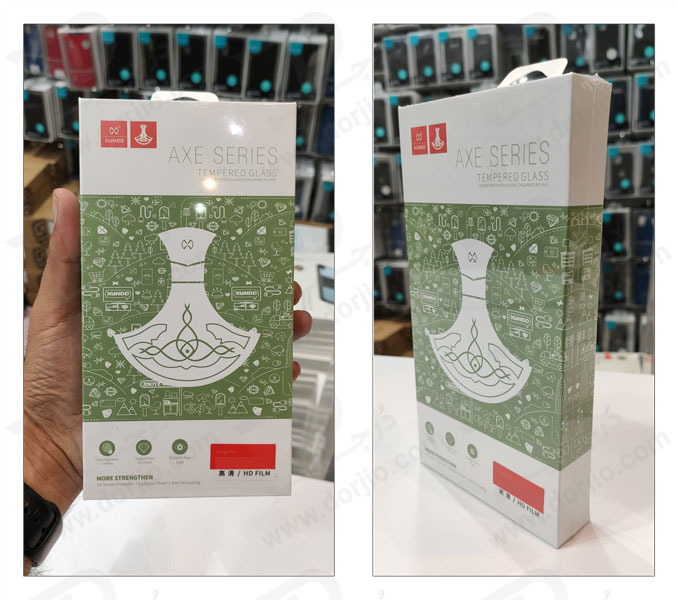 خرید گلس شیشه ای تمام شفاف iPhone 15 Pro Max با ابزار مخصوص نصب مارک XUNDD سری AXE