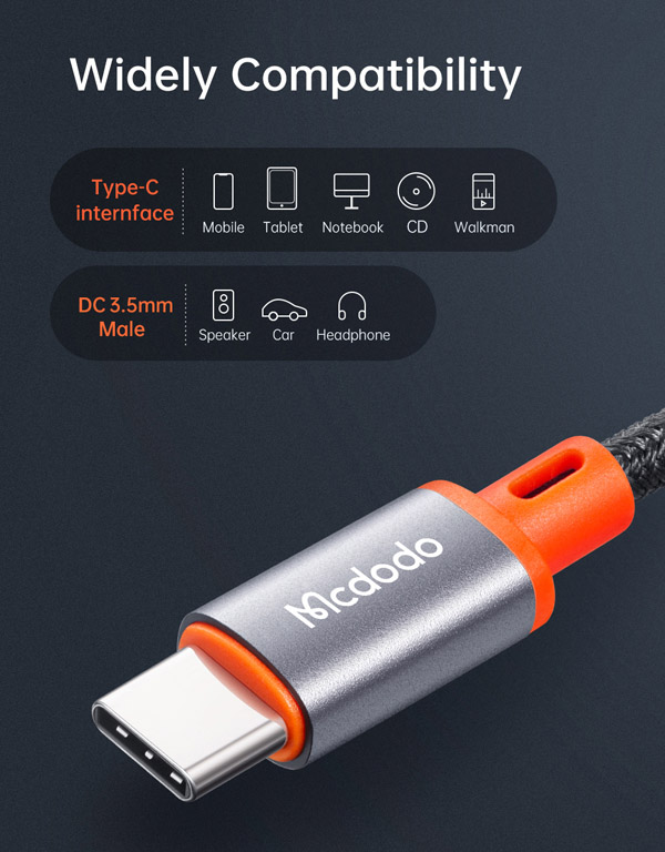خرید کابل تبدیل فنری Type-C به جک 3.5mm هدفون AUX مارک مک دودو Mcdodo CA-0900 طول 1.8 متر 1