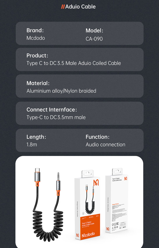 خرید کابل تبدیل فنری Type-C به جک 3.5mm هدفون AUX مارک مک دودو Mcdodo CA-0900 طول 1.8 متر