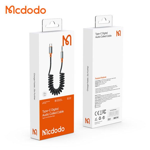 خرید کابل تبدیل فنری Type-C به جک 3.5mm هدفون AUX مارک مک دودو Mcdodo CA-0900 طول 1.8 متر