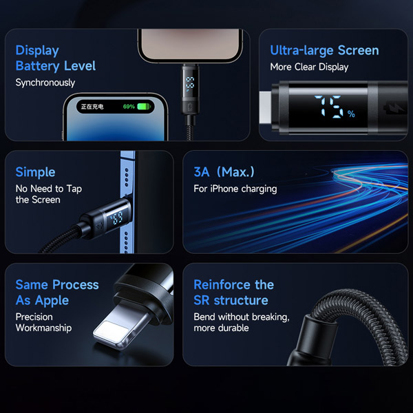 خرید کابل 1.2 متری وات فست شارژ Lightning نمایشگر دیجیتالی مک دودو Mcdodo CA-500