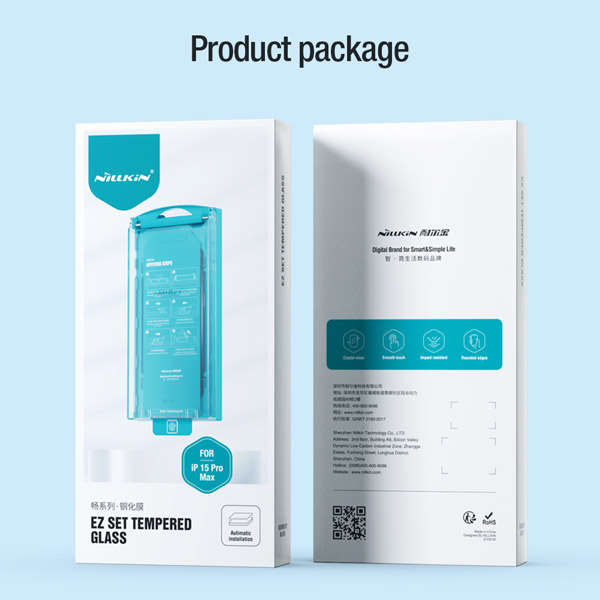 خرید گلس شیشه ای ایربگ دار با ابزار مخصوص نصب iPhone 15 Pro Max برند نیلکین مدل EZ SET