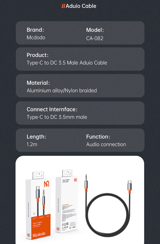 خرید کابل تبدیل Type-C به جک 3.5mm هدفون AUX مارک مک دودو Mcdodo CA-0820 طول 1.2 متر