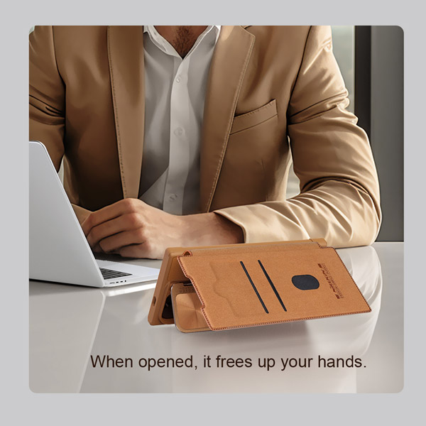 خرید کیف چرمی محافظ دوربین دار Samsung Galaxy S24 Ultra مارک نیلکین مدل Qin Prop Leather Case