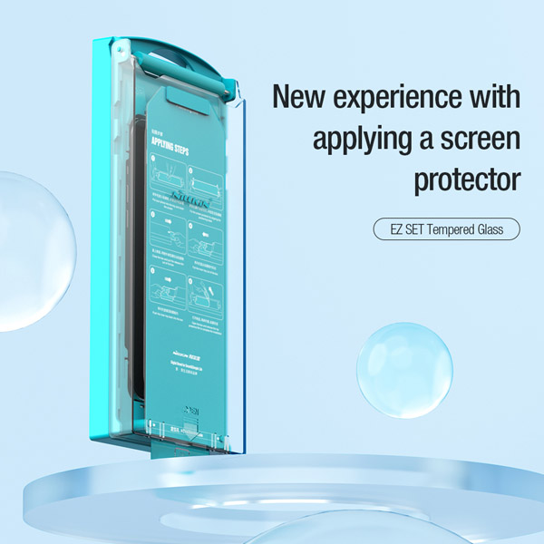 خرید گلس شیشه ای ایربگ دار با ابزار مخصوص نصب iPhone 15 Plus برند نیلکین مدل EZ SET
